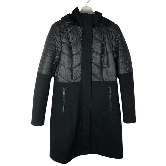 BCBGeneration Quilted and Wool Blend Full Zip Hooded Coat Medium Black - Picture 1 of 9